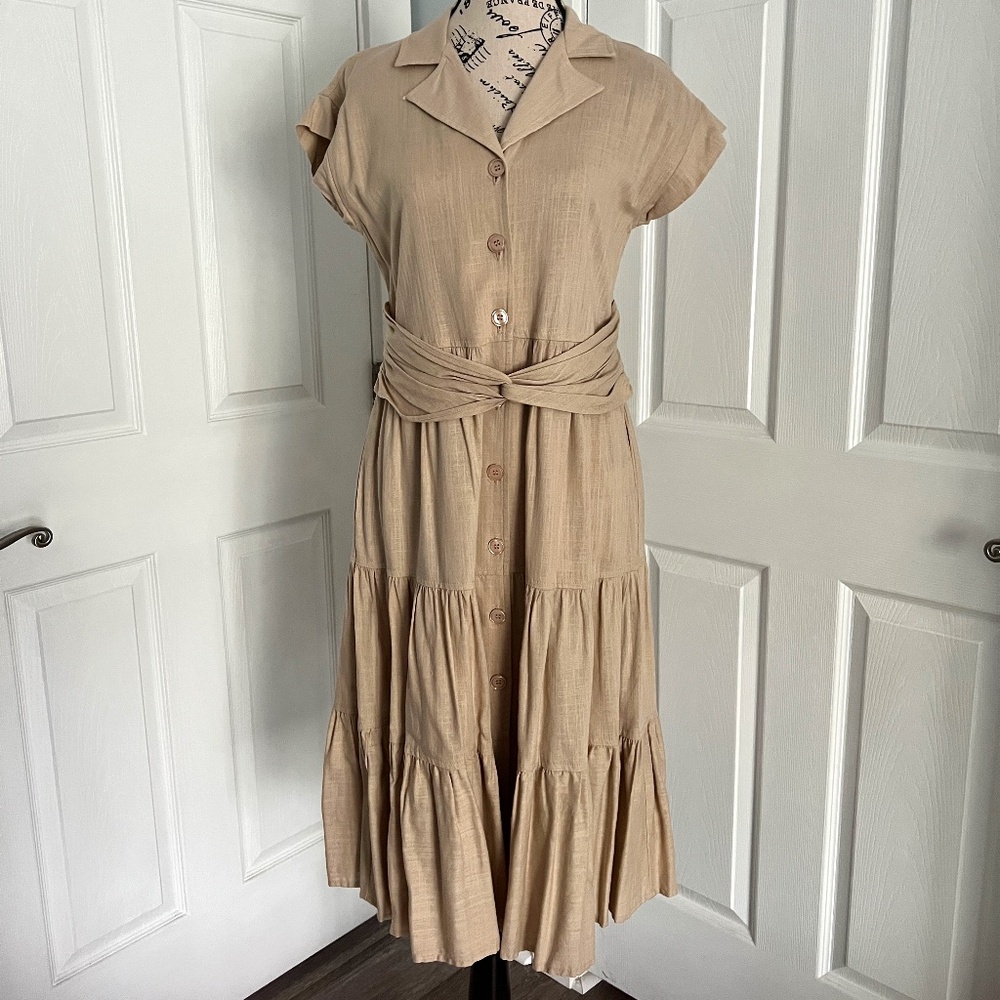Maison Tara Beige Linen blend Button Up short Sleeve Dress Size 4
